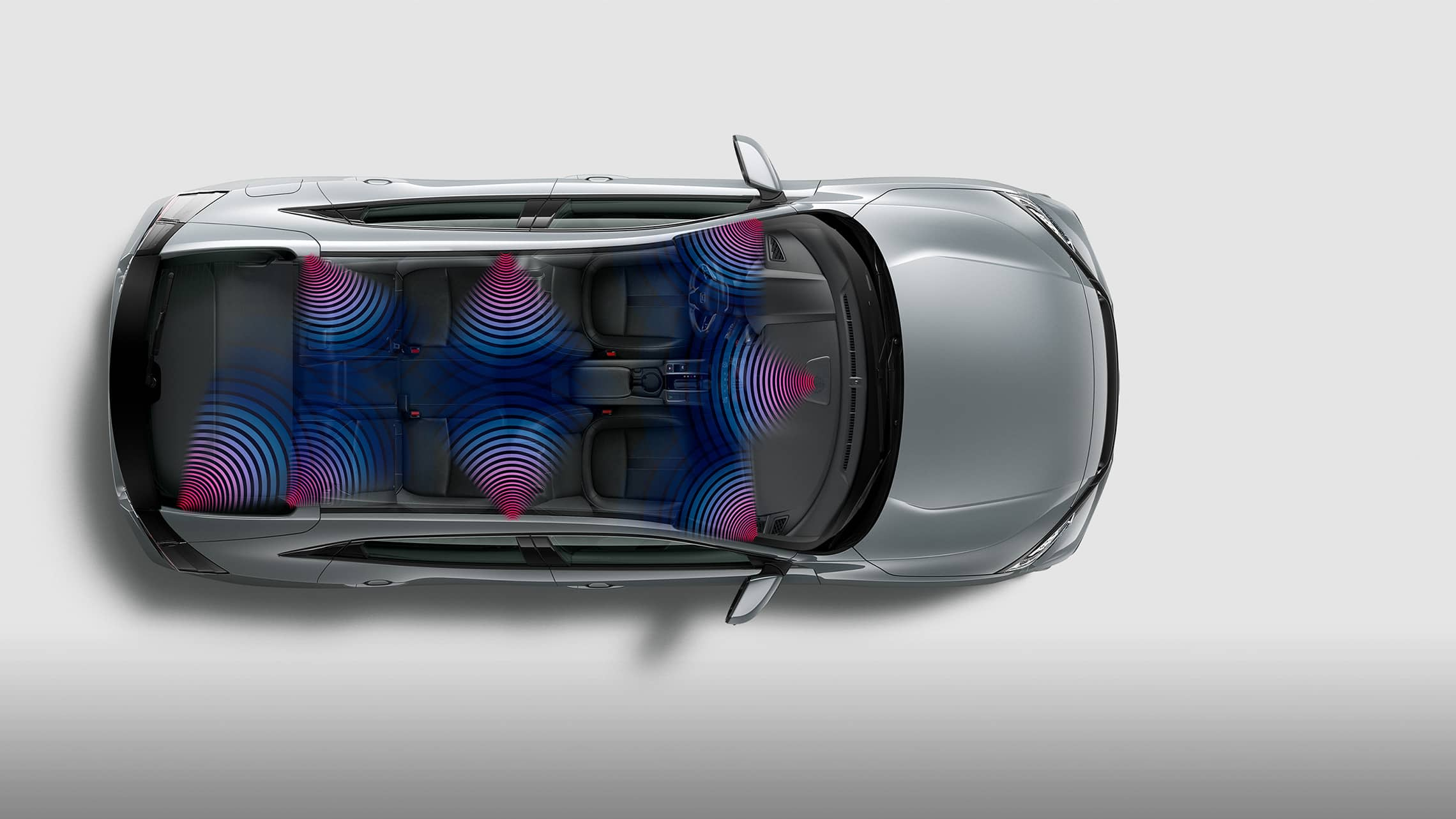 Overhead interior view of the 2021 Honda Civic Sport Touring Hatchback in Sonic Gray Pearl with illustrated 12-speaker audio system diagram.